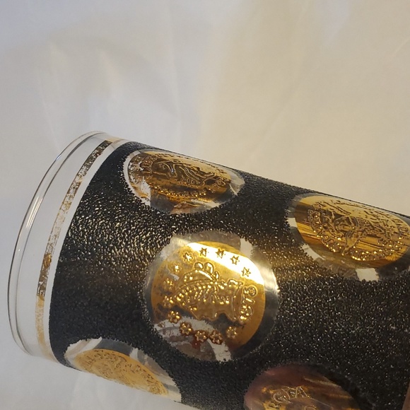2 Vintage Libbey Mid Century Black & Gold Coin High Ball Glasses - Picture 4 of 9